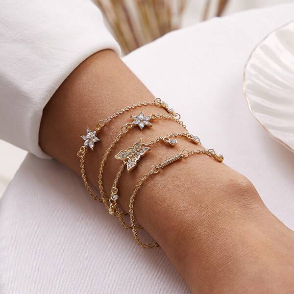 

4pcs Rhinestone Engraved Butterfly & Flower Decor Chain Bracelet, Gold
