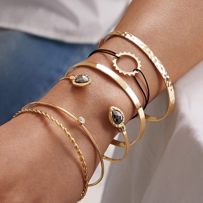 

6pcs Hollow Out Sun & Rhinestone Decor Bracelet, Gold