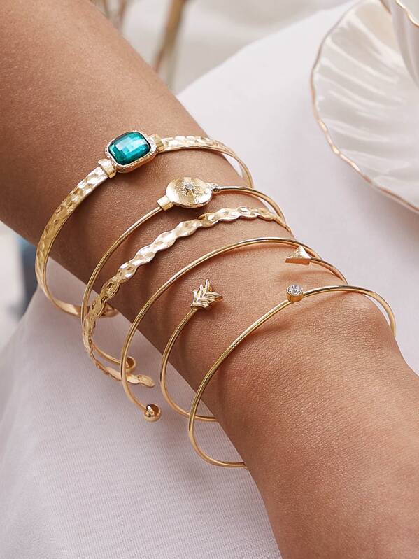 

6pcs Rhinestone Decor Cuff Bracelet, Gold
