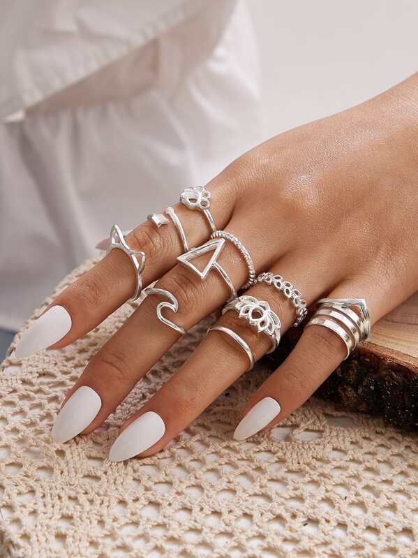 

11pcs Flower & Geometric Decor Ring, Silver