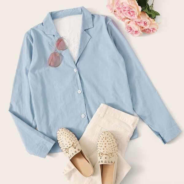 

Lapel Neck Button Through Blouse, Blue pastel