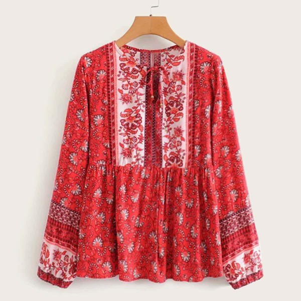 

Allover Floral Print Tie Front Peasant Blouse, Red