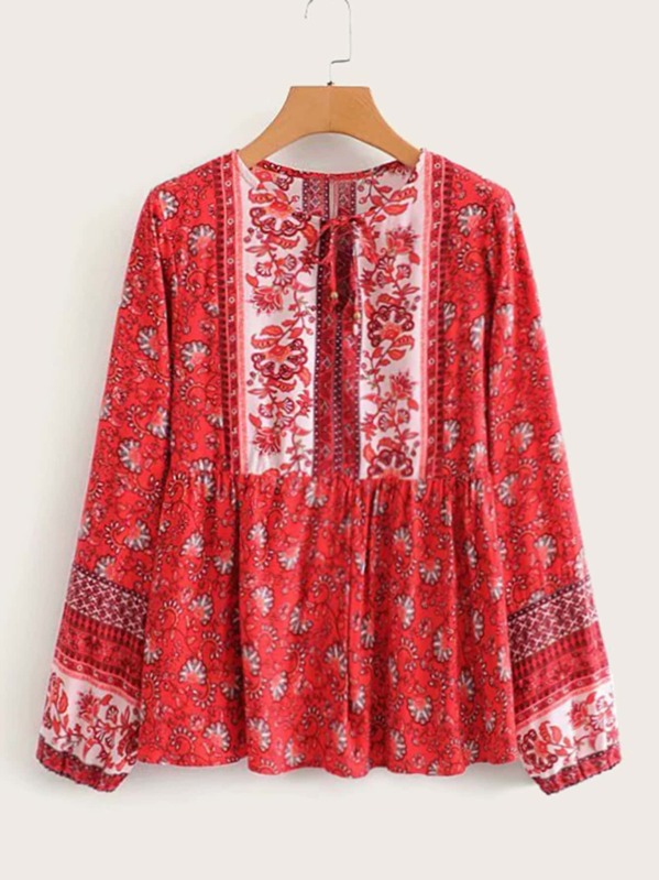

Allover Floral Print Tie Front Peasant Blouse, Red