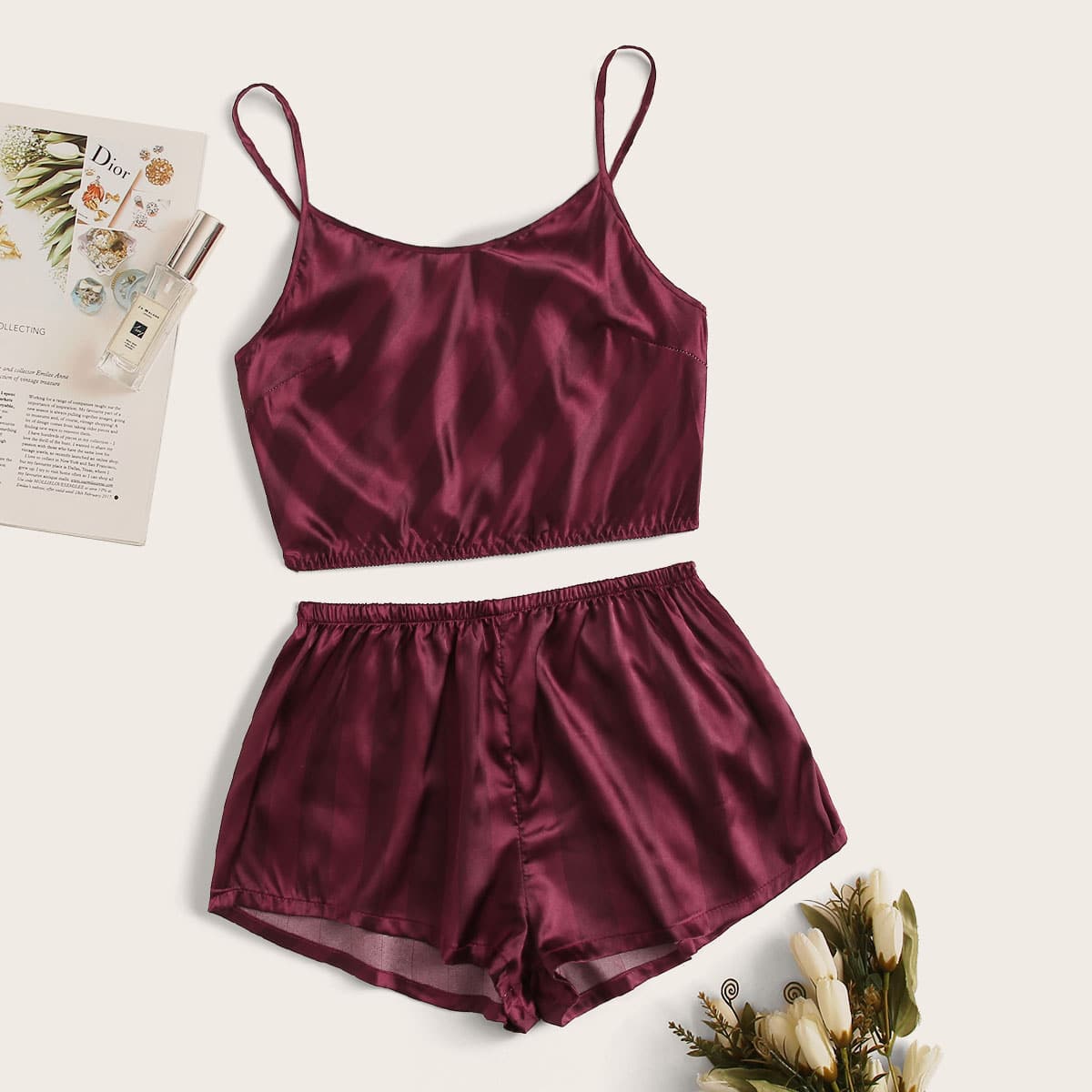 

Striped Satin Cami PJ Set, Burgundy