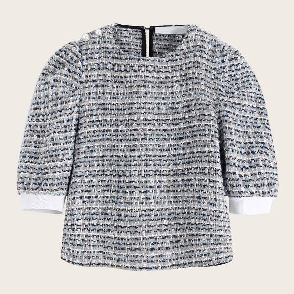 

Pearls Beaded Round Neck Tweed Blouse, Multicolor