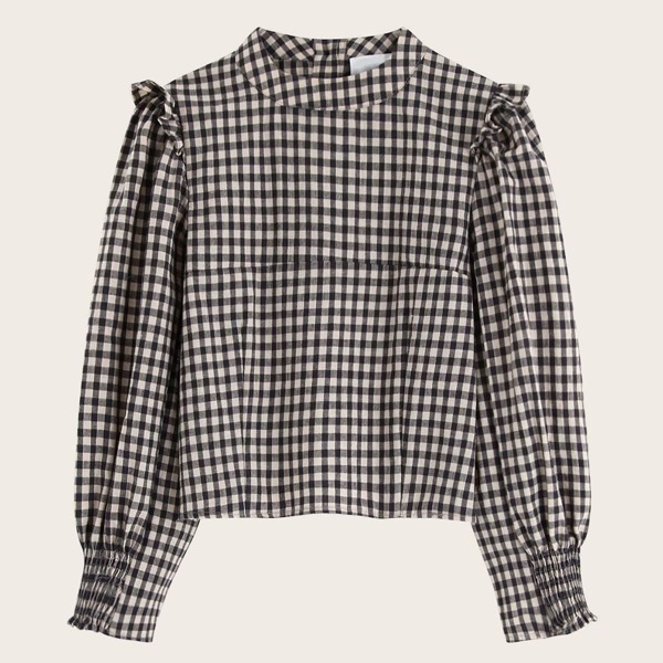 

Gingham Shirred Cuff Frill Trim Blouse, Black and white