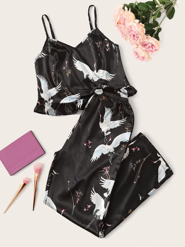 

Crane Print Ruffle Hem Cami PJ Set, Black