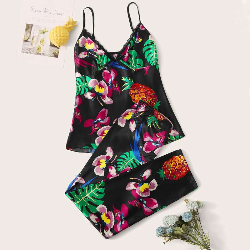

Floral Print Contrast Lace Satin Cami PJ Set, Multicolor