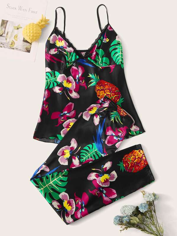

Floral Print Contrast Lace Satin Cami PJ Set, Multicolor, Poly