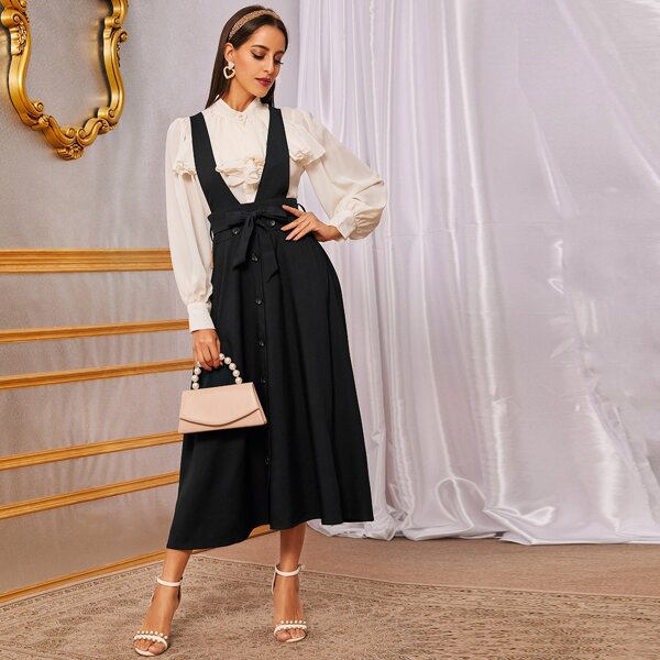 

Button Front Self Tie Suspender Dress, Black