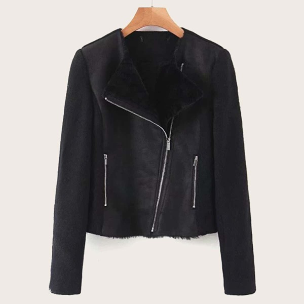 

Zip Up Suede Shearling Lined Biker Jacket, Black