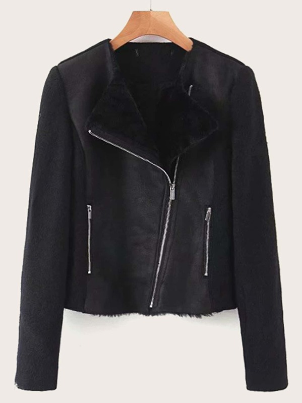 

Zip Up Suede Shearling Lined Biker Jacket, Black
