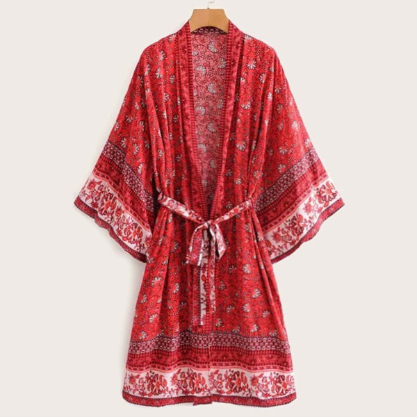 

Allover Floral Print Self Tie Kimono