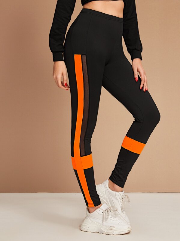 

Contrast Panel Elastic Waist Leggings, Black, Taina