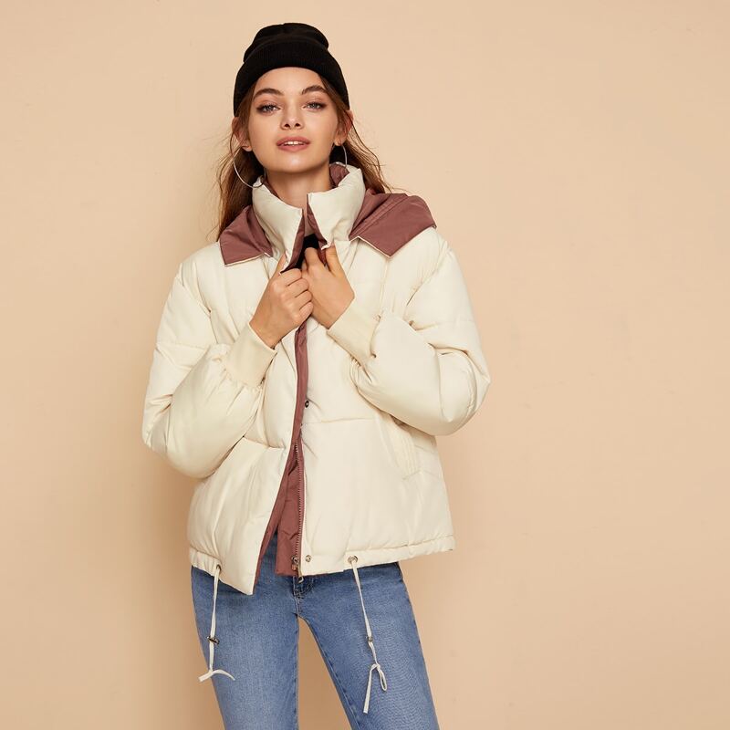 

Contrast Panel Drawstring Hem Hooded Padded Jacket, Beige