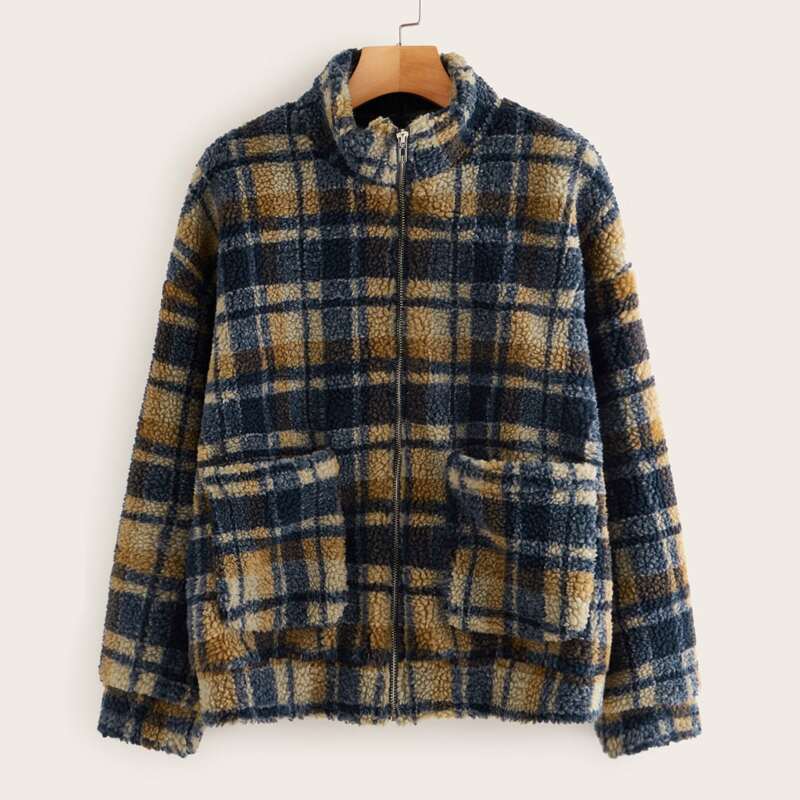 

Plaid Dual Pocket Zip-up Teddy Jacket, Multicolor