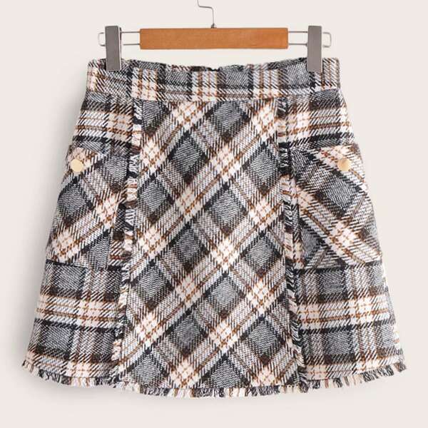 

Tartan Plaid Frayed Trim Tweed Skirt