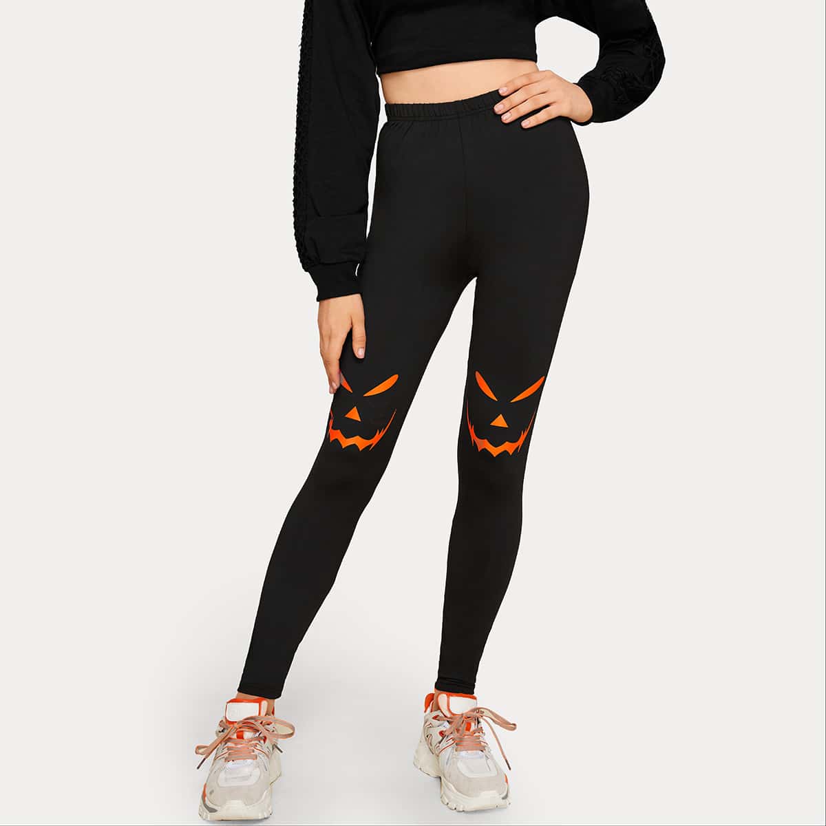 

Halloween Print Elastic Waist Leggings, Black