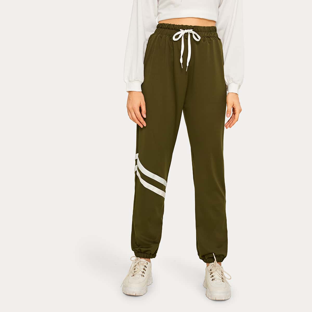 

Striped Tape Panel Drawstring Waist Sweatpants, Army green