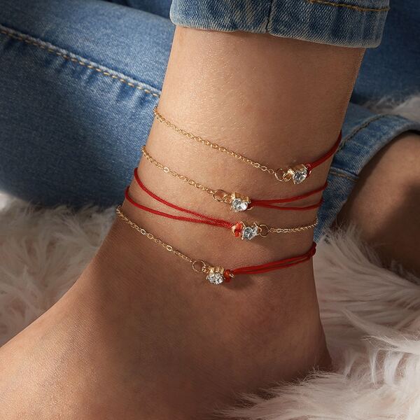 

4pcs Heart Shaped Rhinestone Ankle Chain, Multicolor
