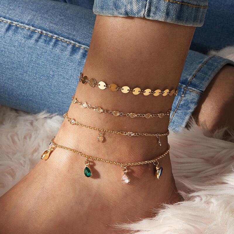 

4pcs Rhinestone Charm Ankle Chain, Multicolor