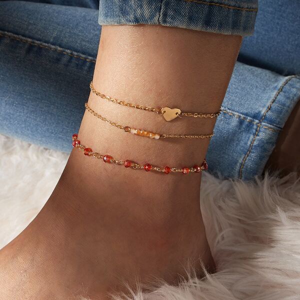 

3pcs Crystal Beaded Chain Anklet, Multicolor