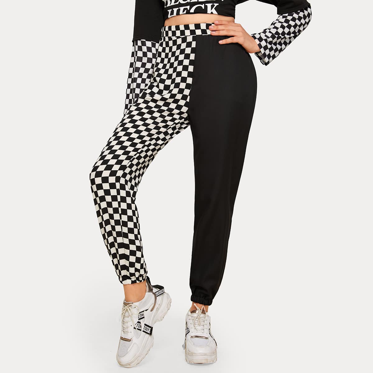 

Two Tone Contrast Checkerboard Sweatpants, Black and white