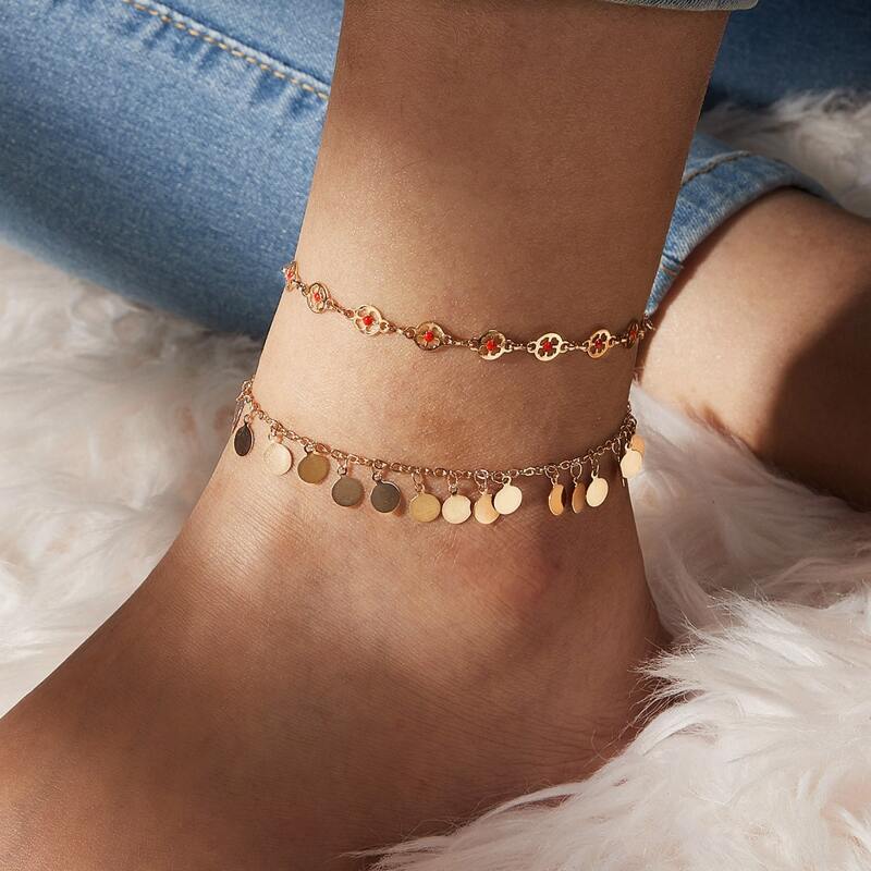 

2pcs Round Disc Charm Ankle Chain, Gold