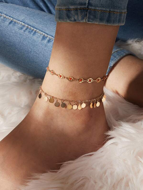 

2pcs Round Disc Charm Ankle Chain, Gold