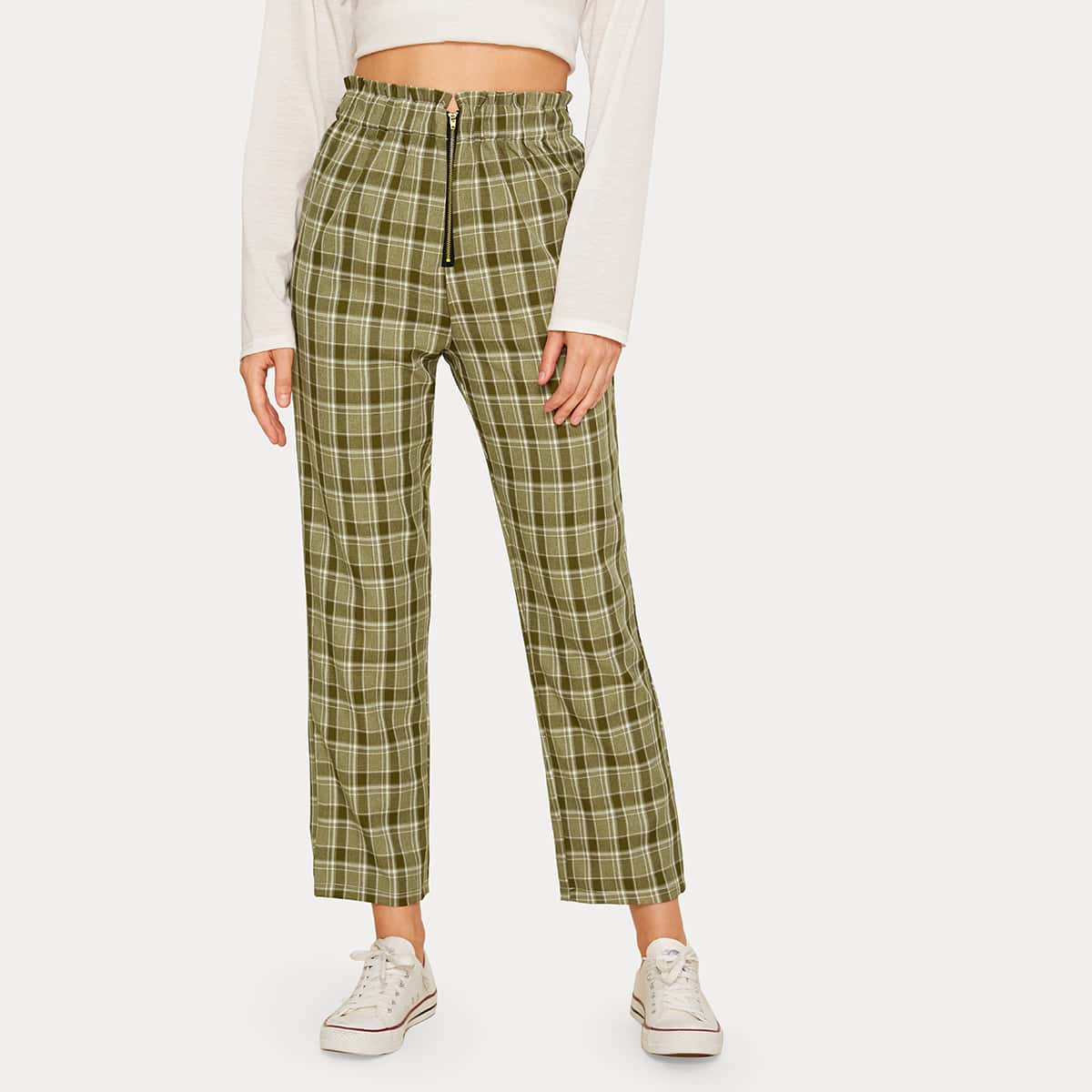 

Plaid Zip Front Straight Leg Pants, Army green