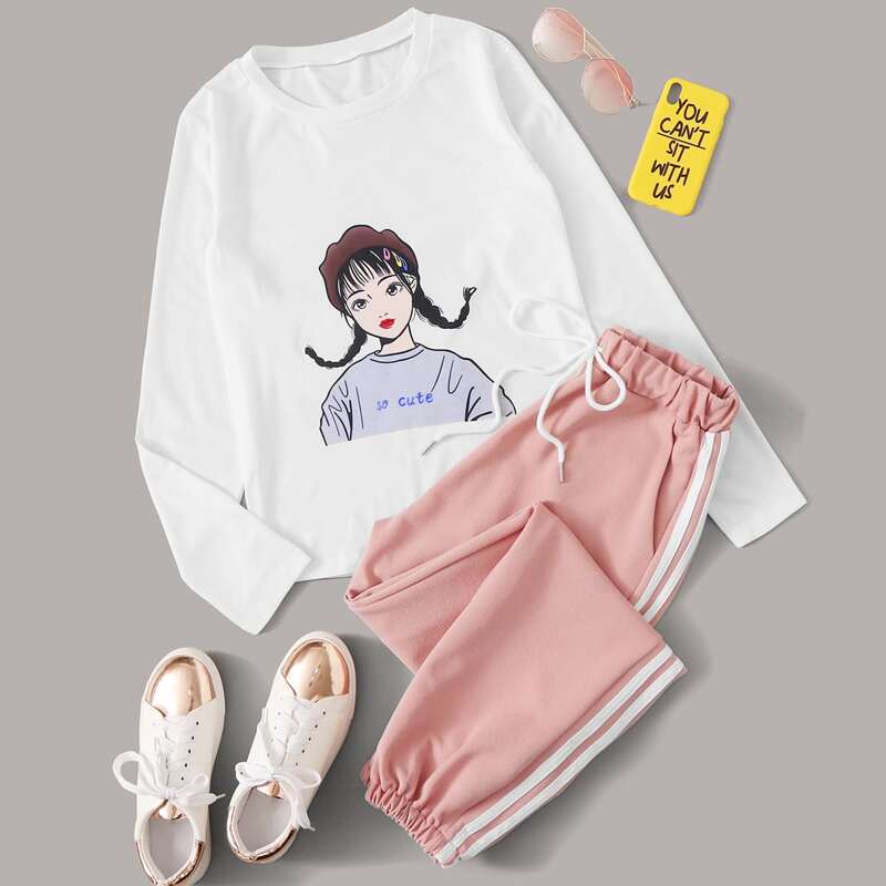 

Figure Graphic Tee With Striped Side Drawstring Sweatpants, Multicolor