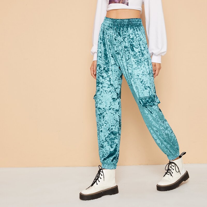 

Side Flap Pocket Crushed Velvet Cargo Pants, Blue