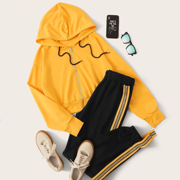 

Zip Up Drawstring Hoodie With Striped Side Sweatpants, Multicolor