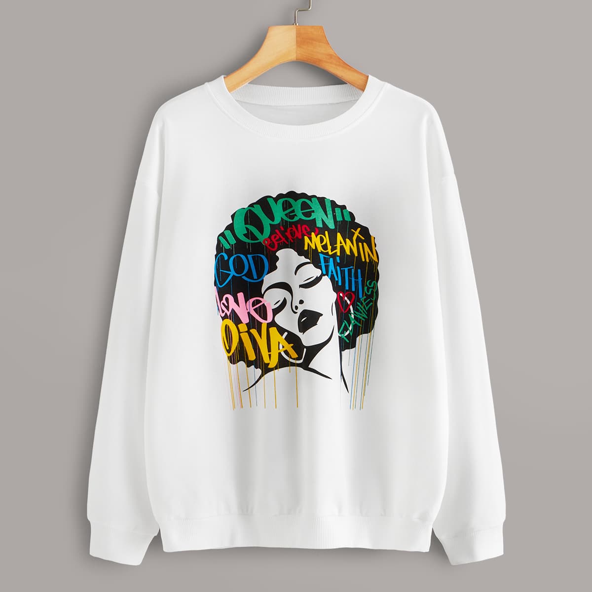 

Letter & Figure Graphic Round Neck Sweatshirt, White