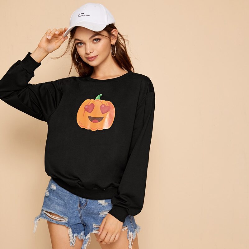 

Halloween Print Round Neck Sweatshirt, Black