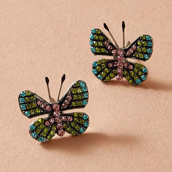 

1pair Rhinestone Butterfly Stud Earrings, Multicolor