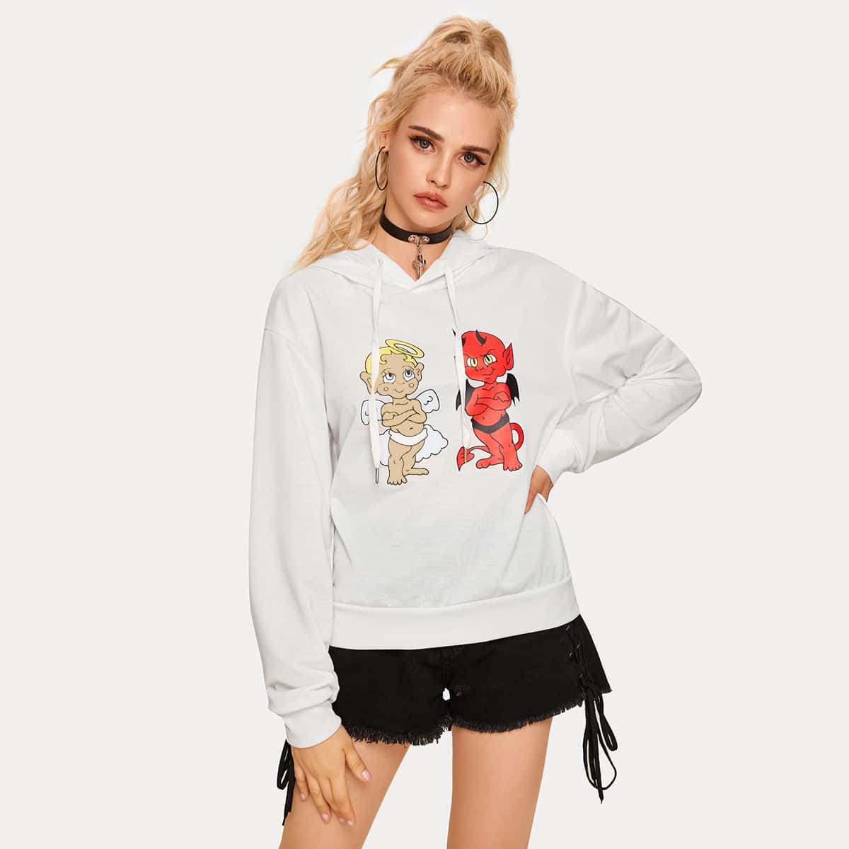 

Angel & Demon Print Drawstring Hoodie, White