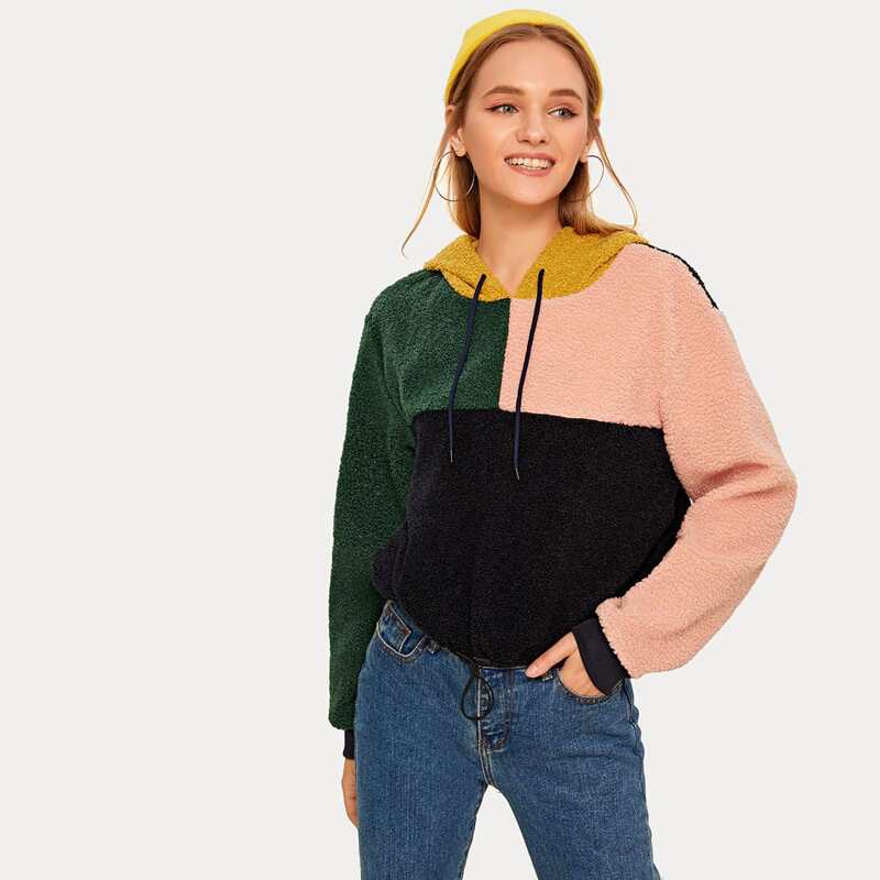 

Cut And Sew Panel Drawstring Teddy Hoodie, Multicolor