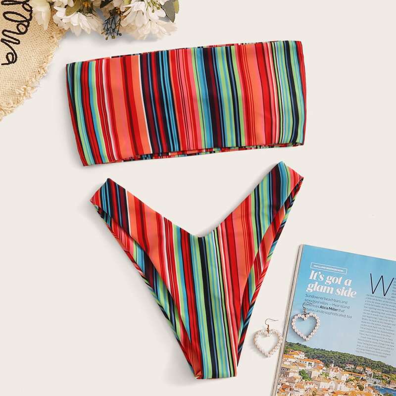 

Multi-color Striped Bandeau Bikini Set, Multicolor