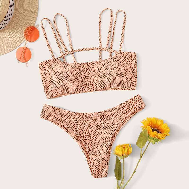 

Double Strap Top With High Cut Bikini Set, Pink