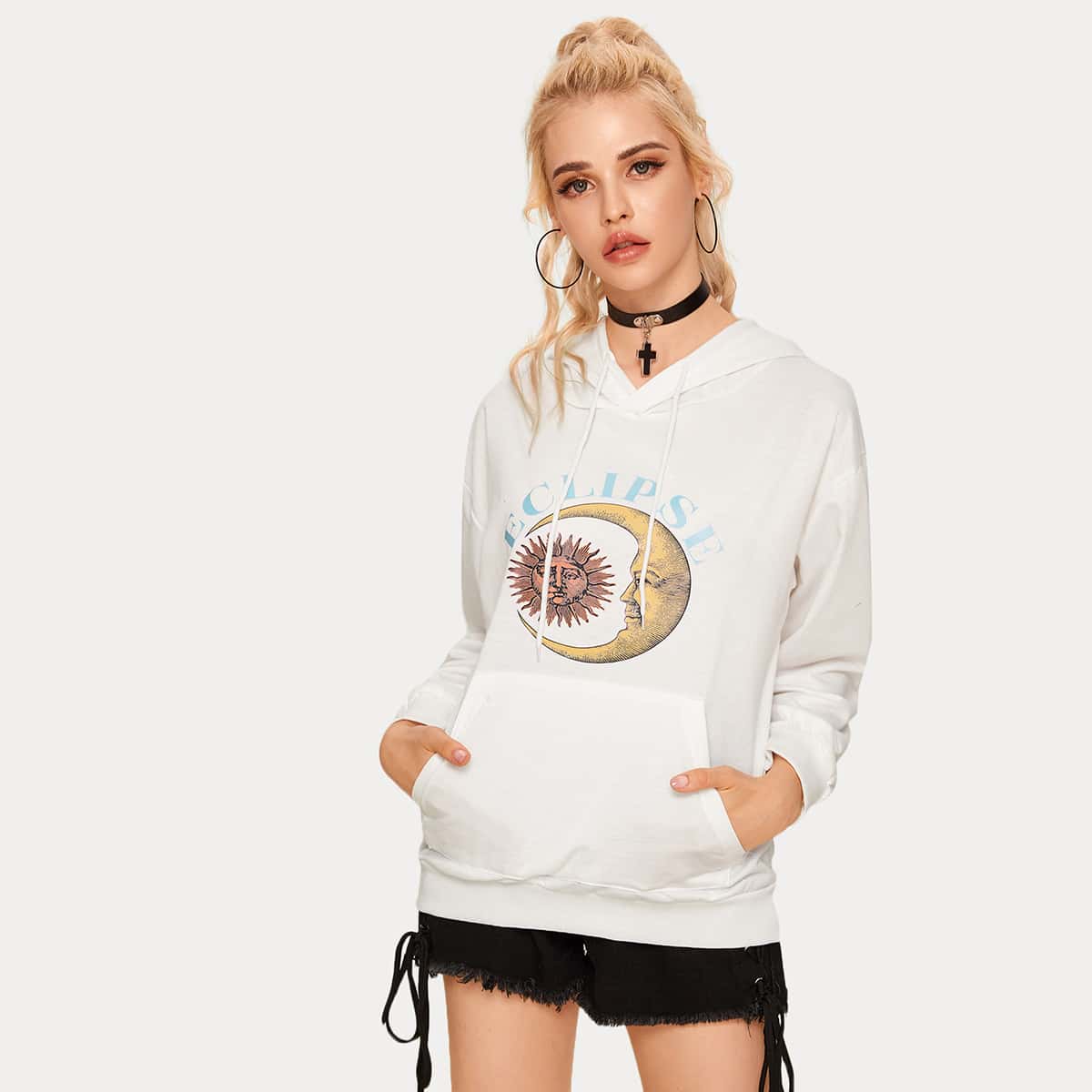 

Sun & Moon & Letter Graphic Kangaroo Pocket Hoodie, White