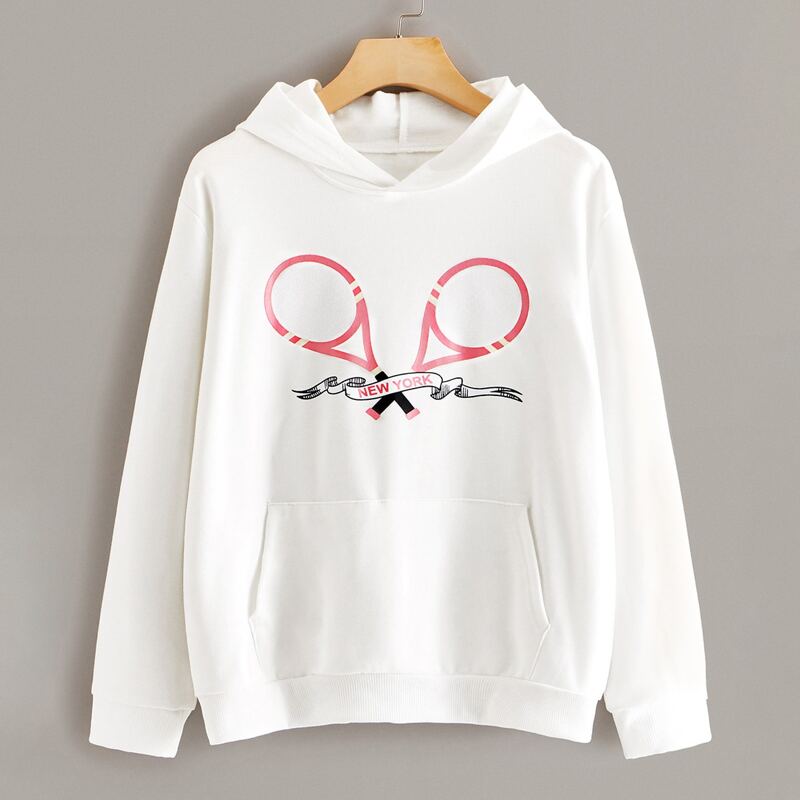 

Racket Print Kangaroo Pocket Hoodie, White
