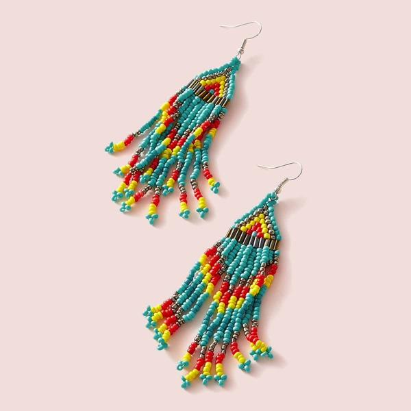 

1pair Turquoise Beaded Fringe Earrings, Multicolor