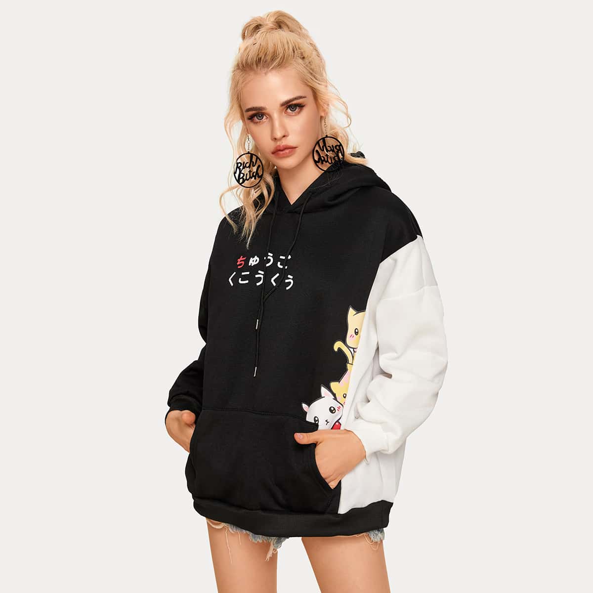 

Contrast Panel Letter & Cartoon Graphic Hoodie, Black