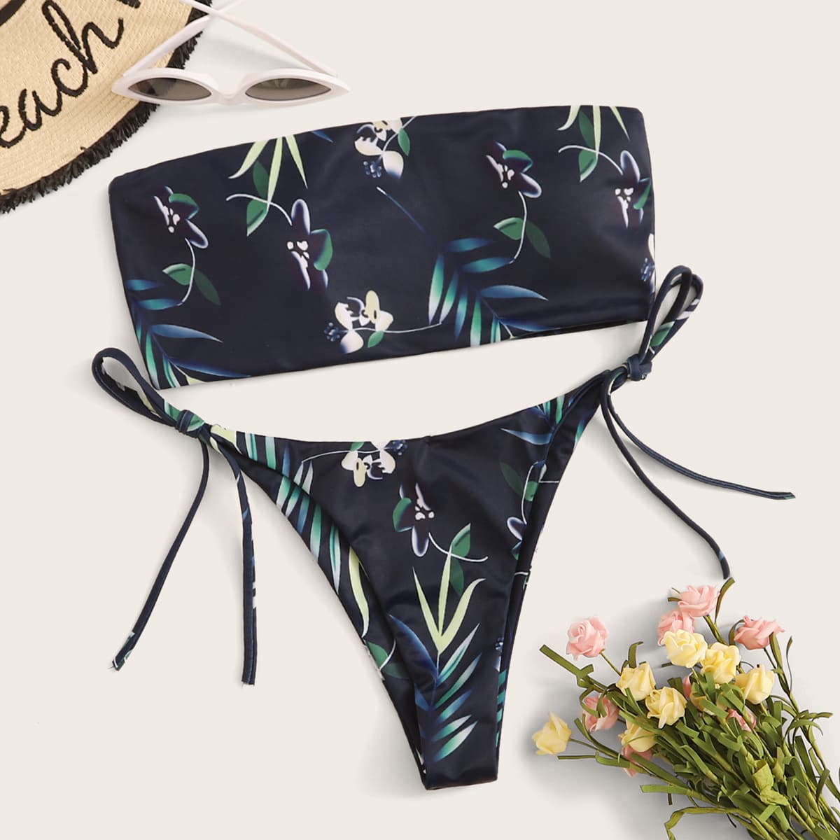 

Floral & Palm Random Print Bandeau Bikini Set, Navy
