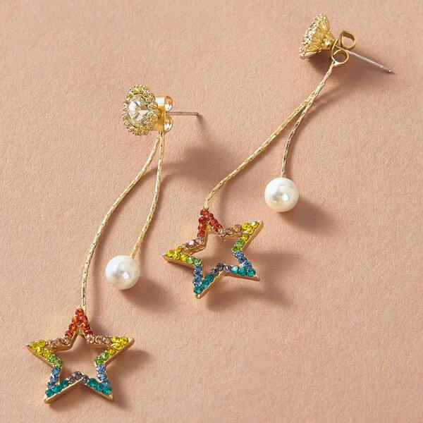 

1pair Open Rhinestone Star Drop String Earrings, Gold