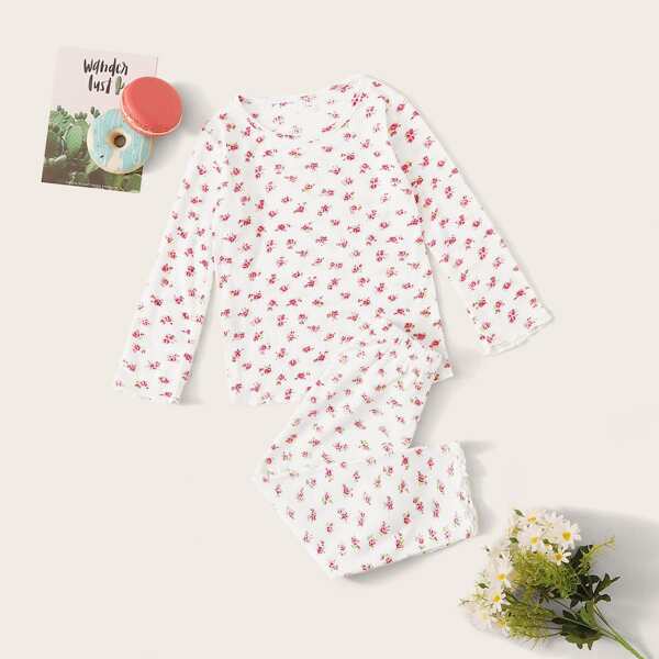 

Toddler Girls Calico Print Rib PJ Set, White