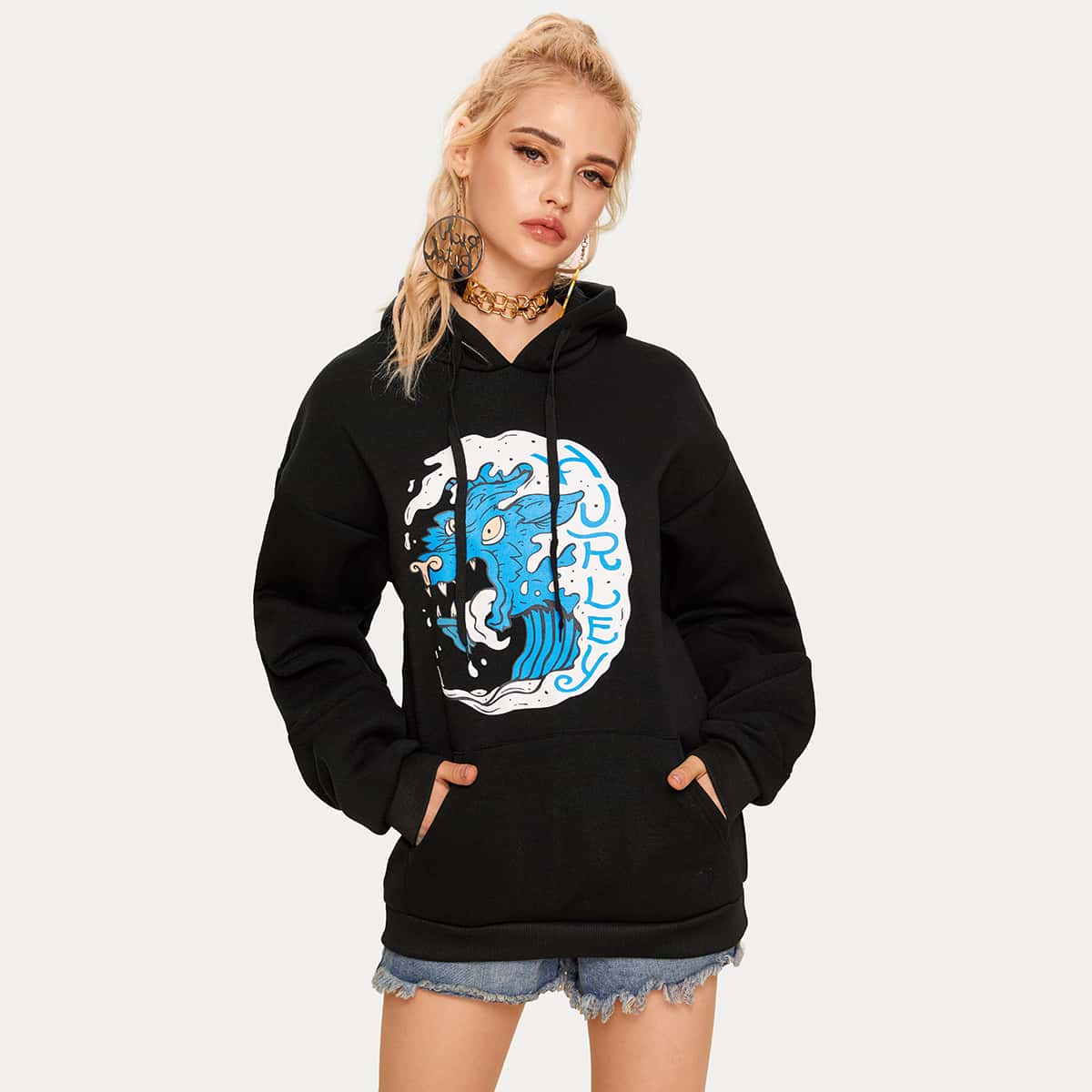 

Graphic Print Kangaroo Pocket Drawstring Hoodie, Black