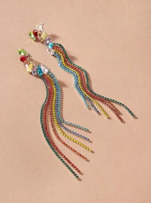 1pair Rhinestone Decor Tassel Drop Earrings - Multicolor - View 2