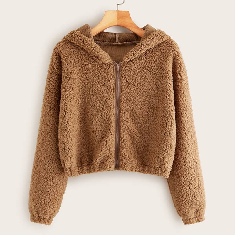 

Solid Zip-up Hooded Teddy Jacket, Brown